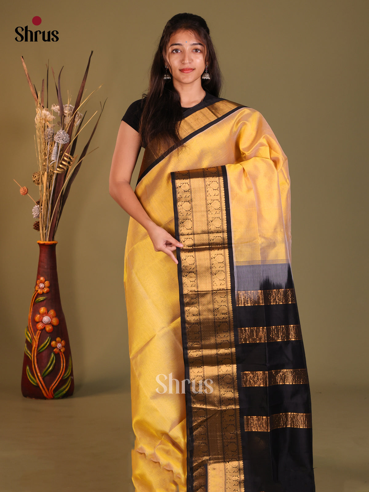 Gold & Black Silk Cotton Korvai-Big border Saree