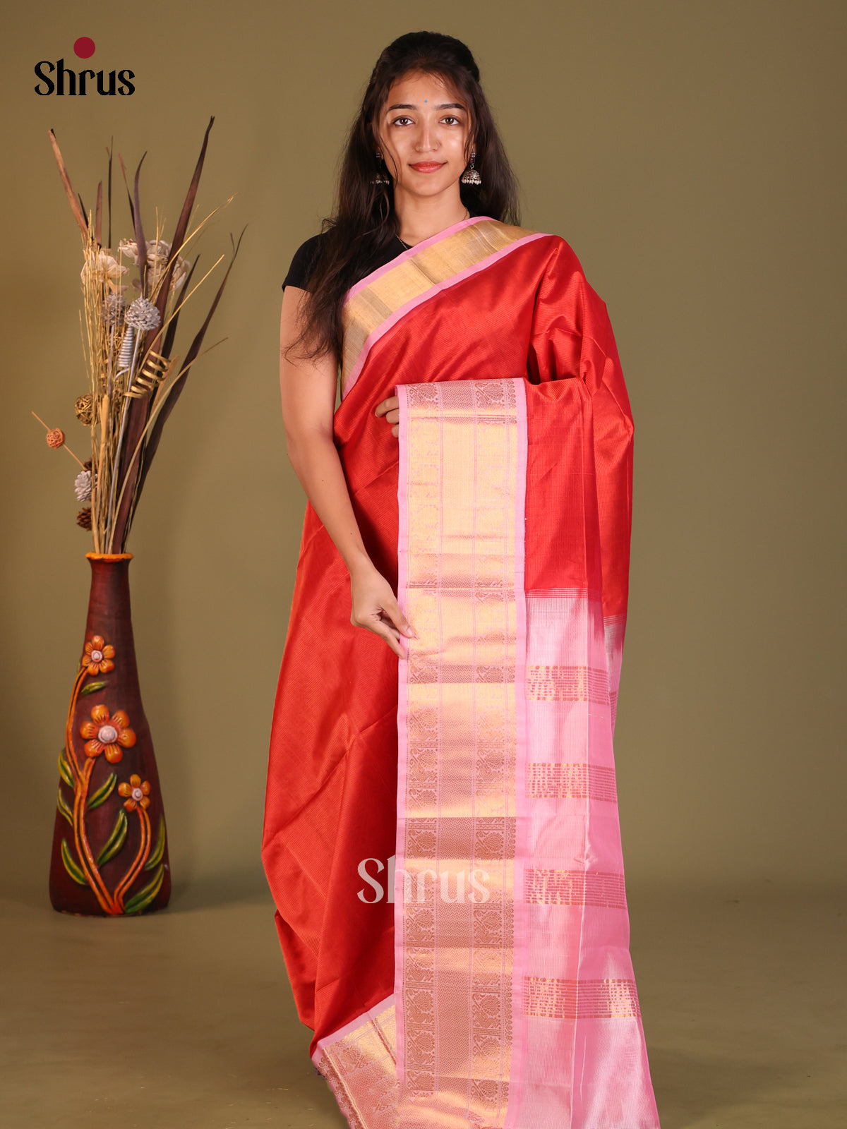 Red & Pink SIlk Cotton Korvai-Big border Saree - Shop on Shrus.com