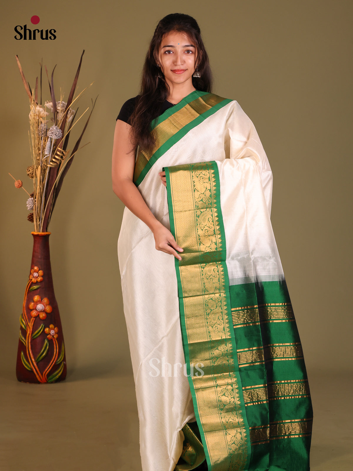 White & Green Silk Cotton Korvai-Big border Saree