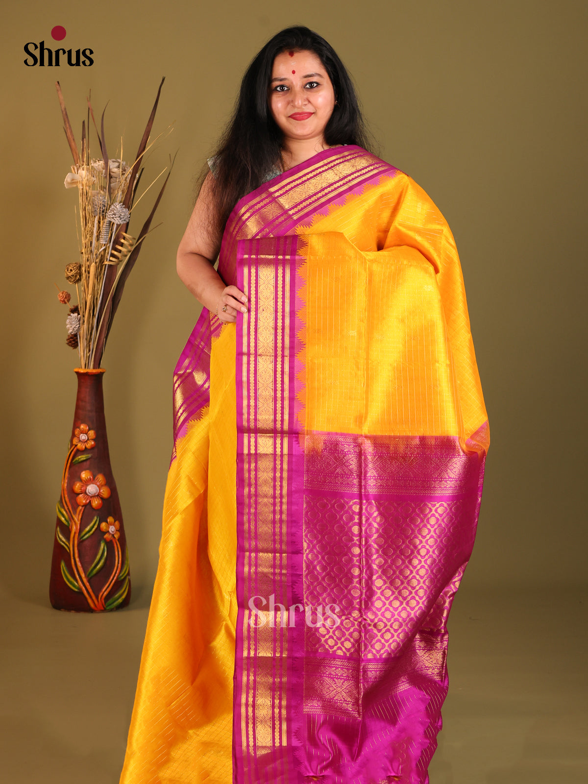 Yellow & MAjenta Silk Cotton Korvai-kattams Saree