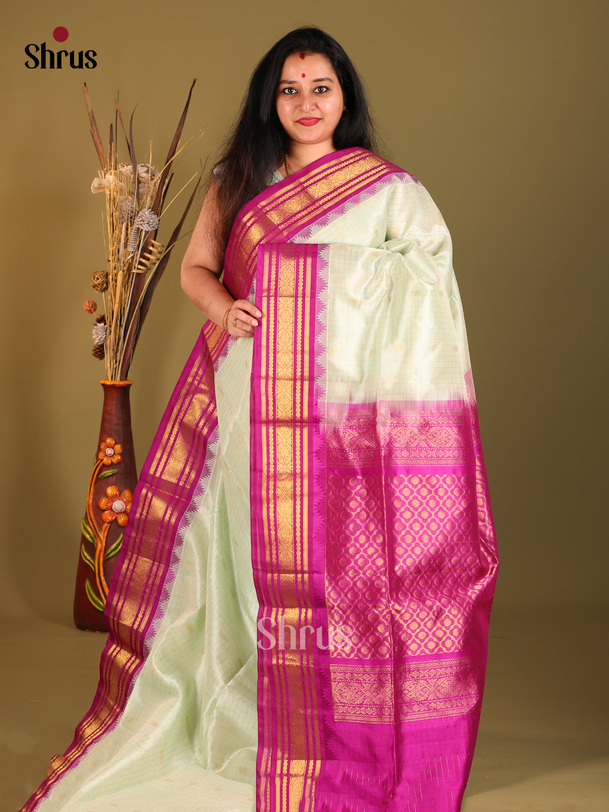 Pista Green & Pink Silk Cotton Korvai-kattams Saree - Shop on Shrus.com