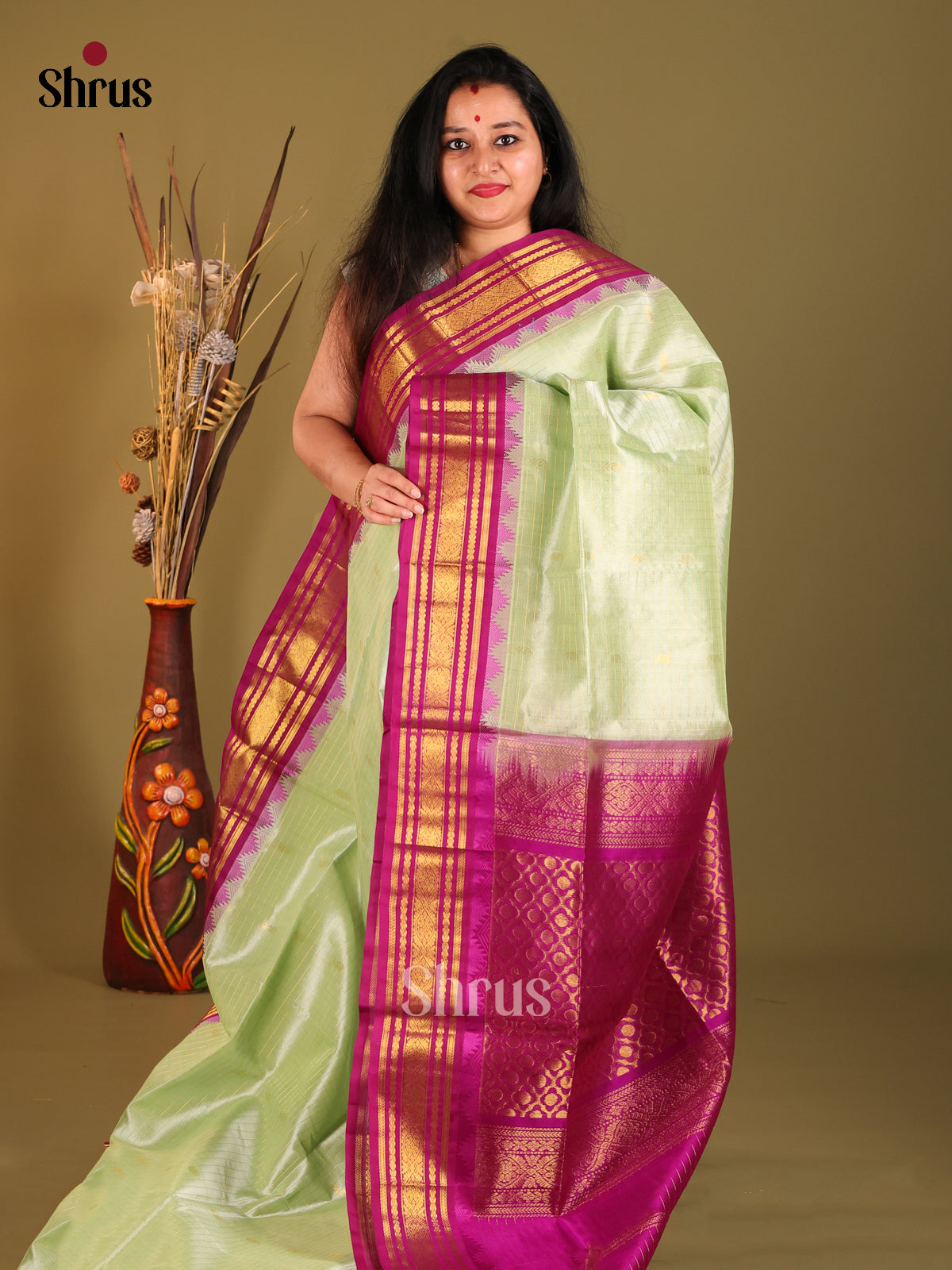 Pista Green & Majenta SilK Cotton Korvai-kattams Saree