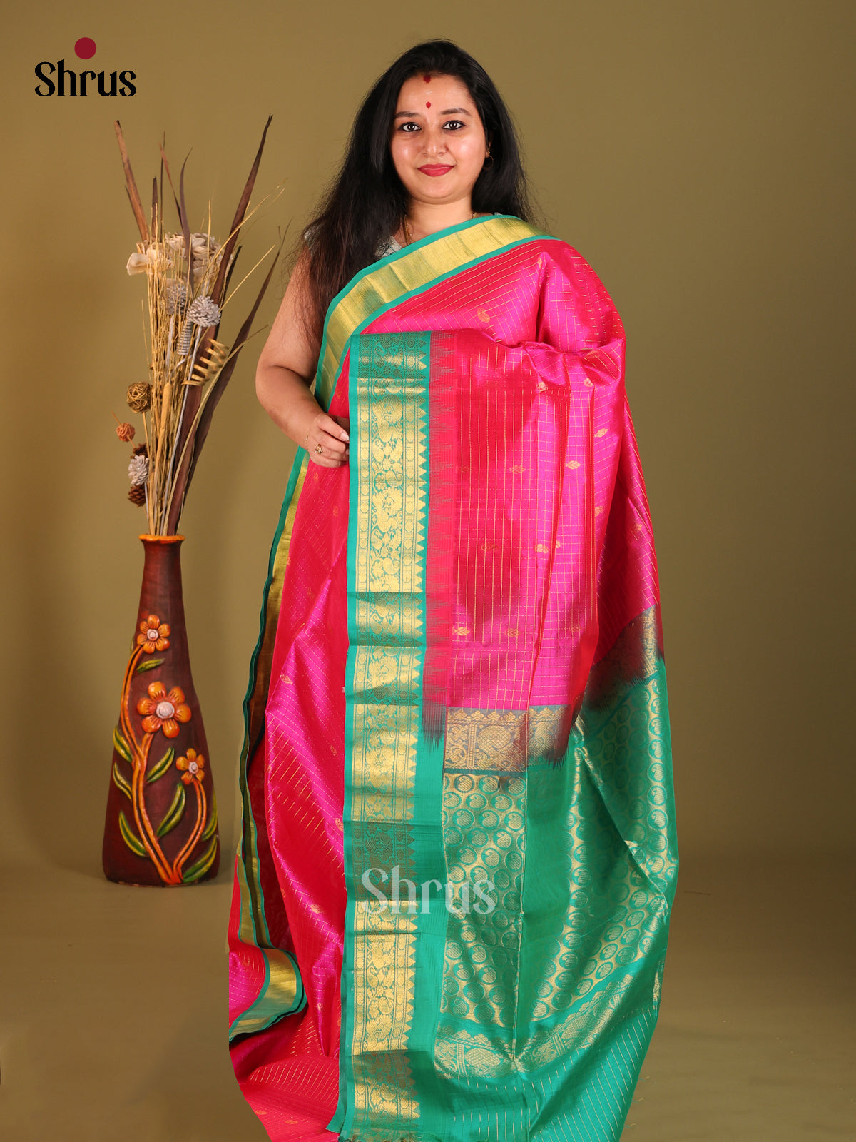 Pink & Green Silk Cotton Korvai-kattams Saree