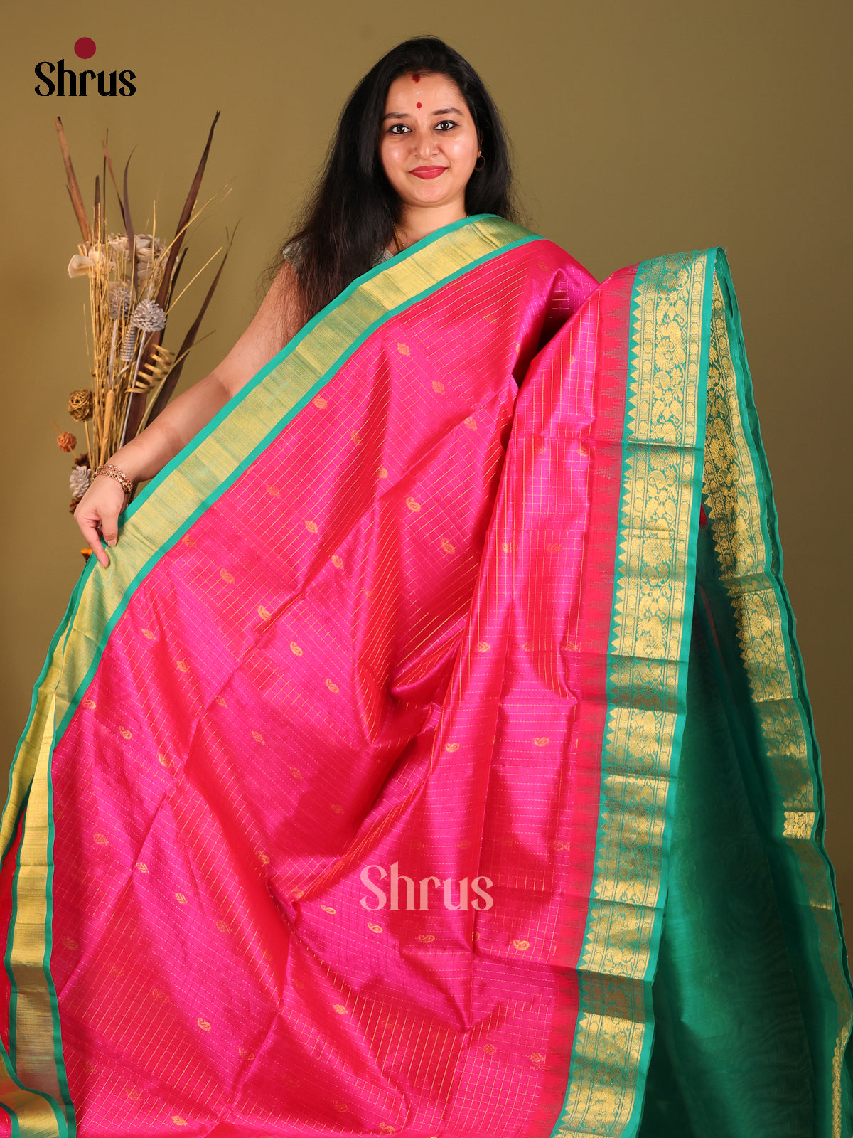 Pink & Green Silk Cotton Korvai-kattams Saree -1
