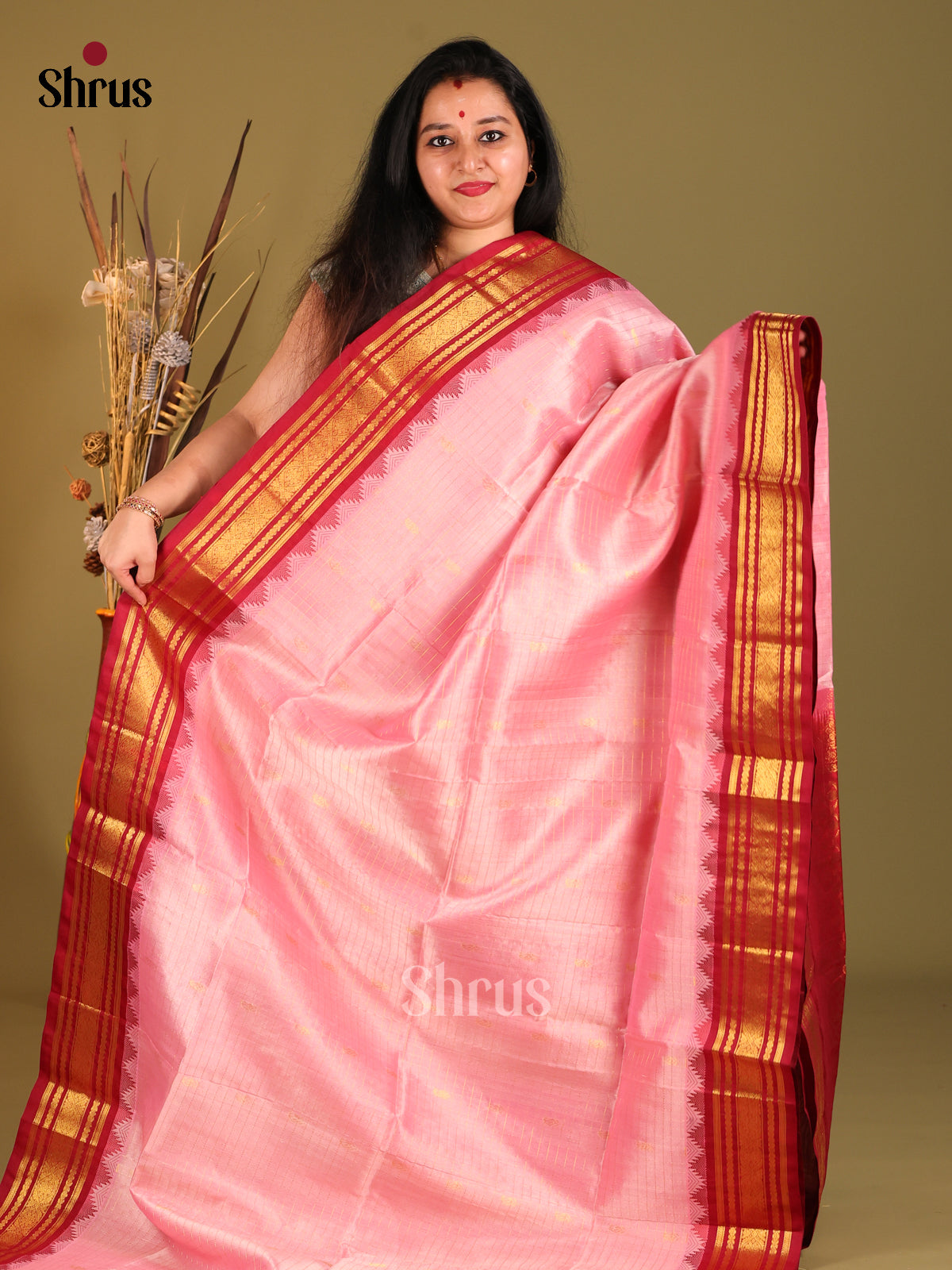 Pink & Red Silk Cotton Korvai-kattams Saree - Shop on Shrus.com