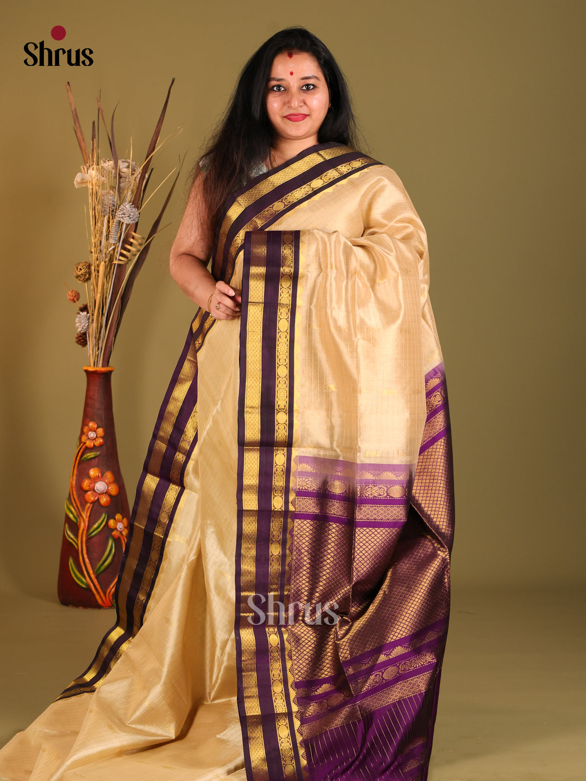Cream & Violet Silk Cotton Korvai-kattams Saree - Shop on Shrus.com