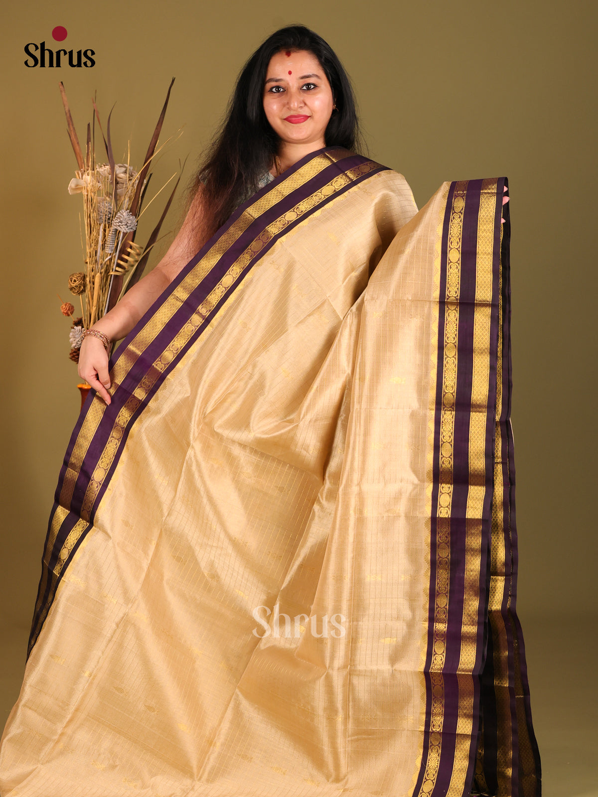 Cream & Violet Silk Cotton Korvai-kattams Saree - Shop on Shrus.com