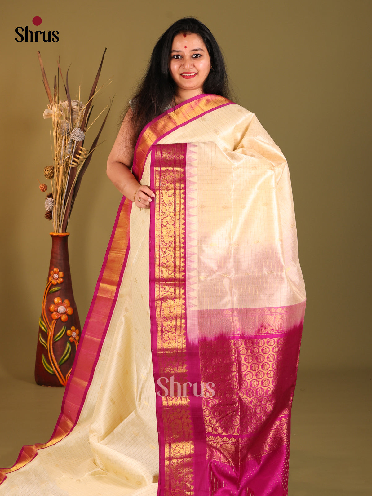 Cream & Purple Silk Cotton Korvai-kattams Saree - Shop on Shrus.com