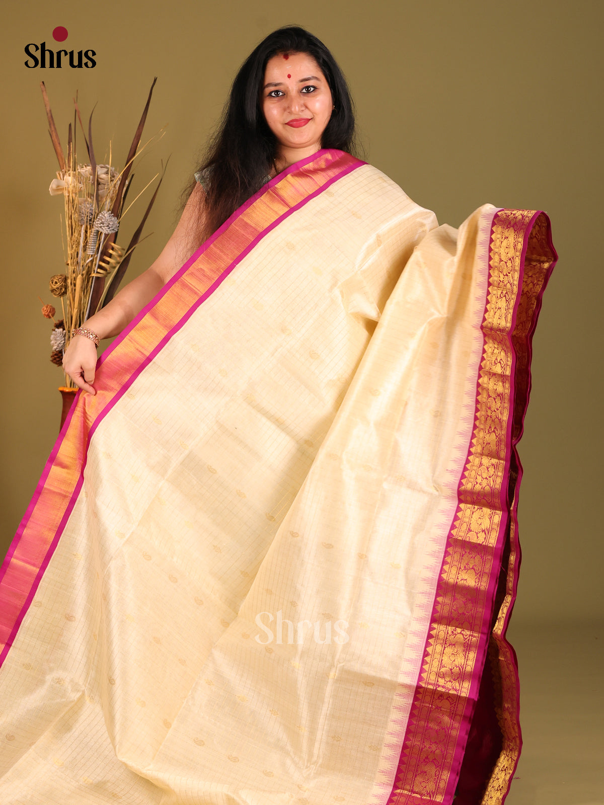 Cream & Purple Silk Cotton Korvai-kattams Saree - Shop on Shrus.com