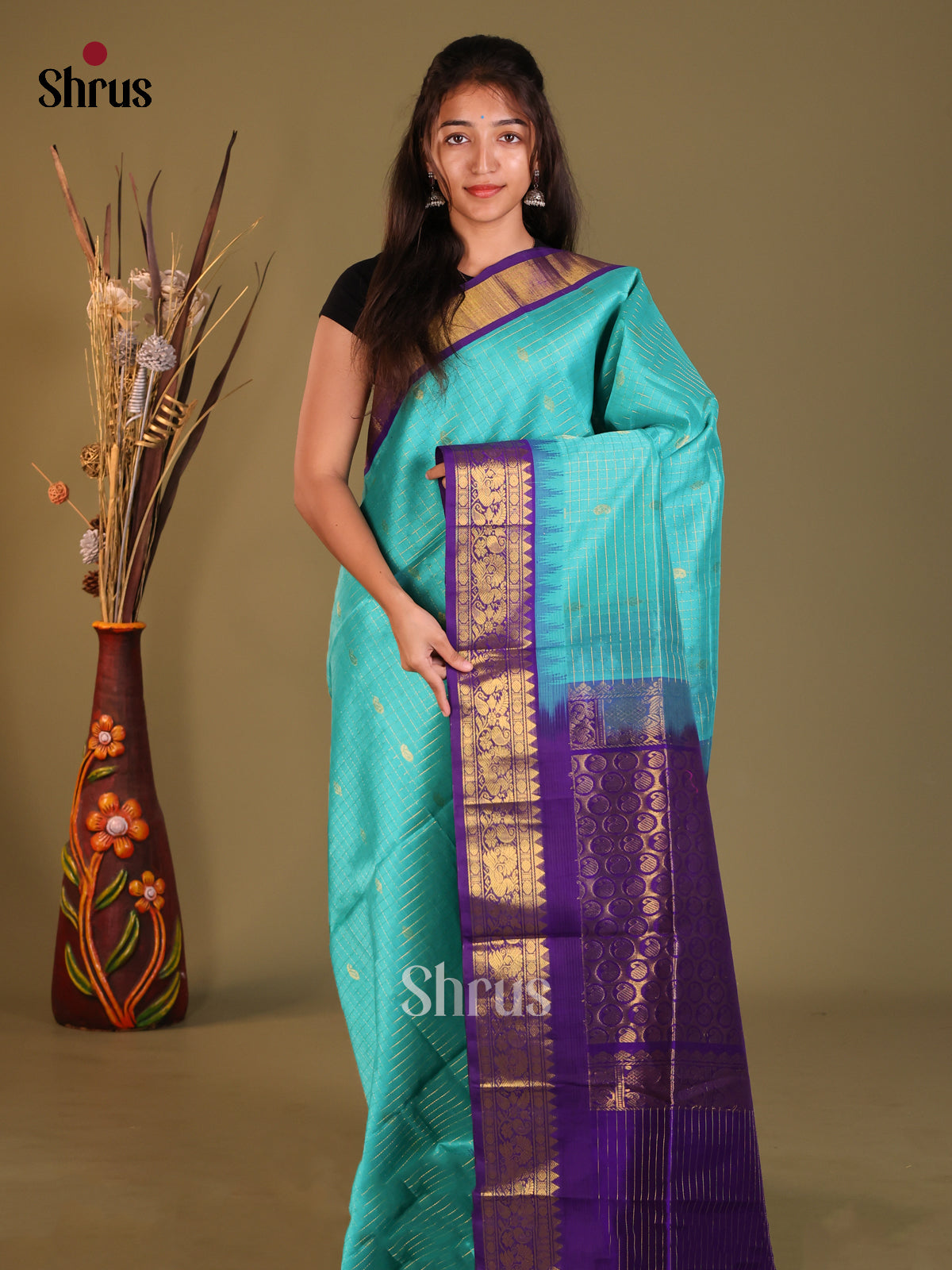 Sky Blue & Blue Silk Cotton Korvai-kattams Saree