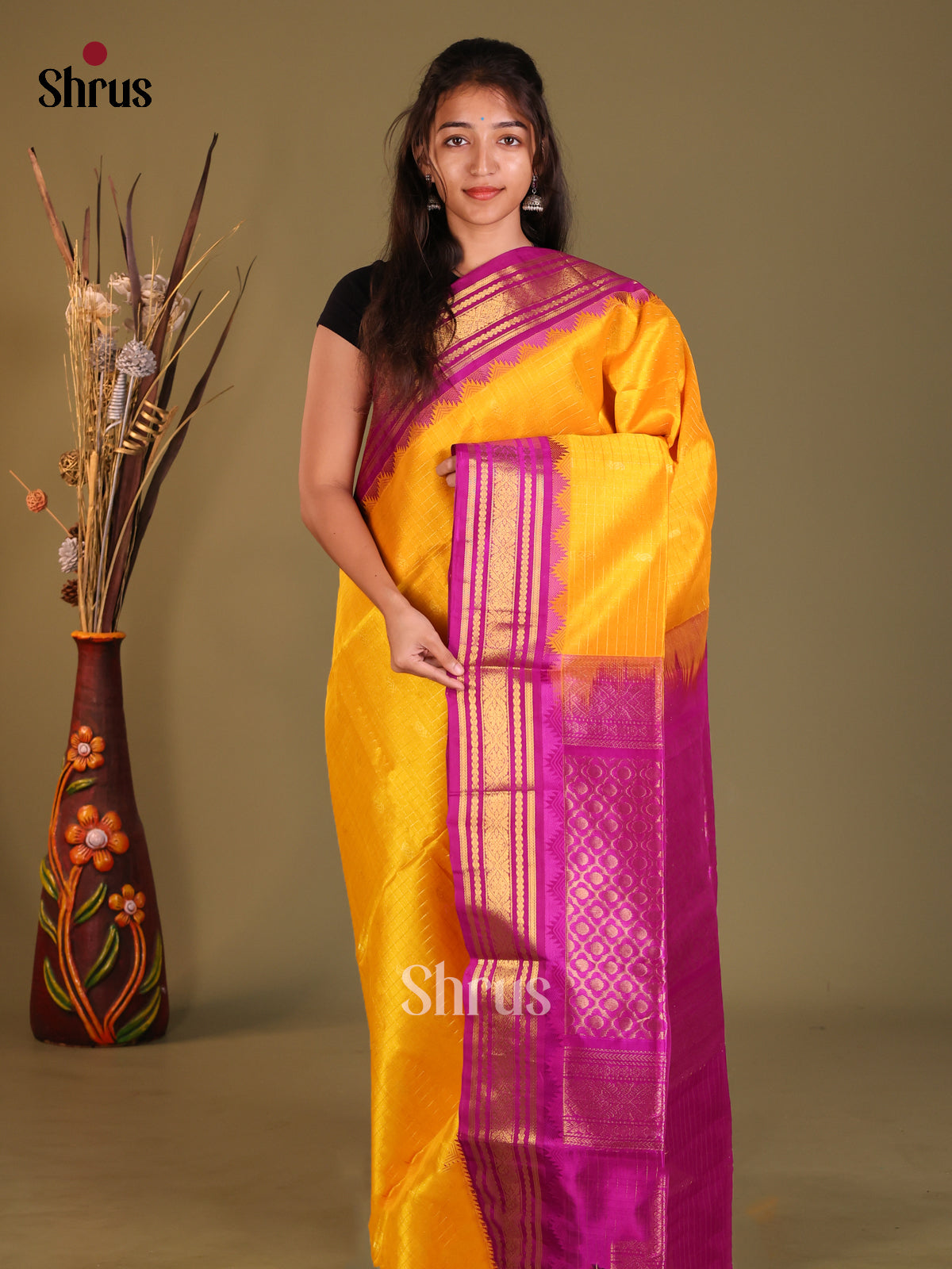 Yellow & Majenta Silk Cotton Korvai-kattams Saree