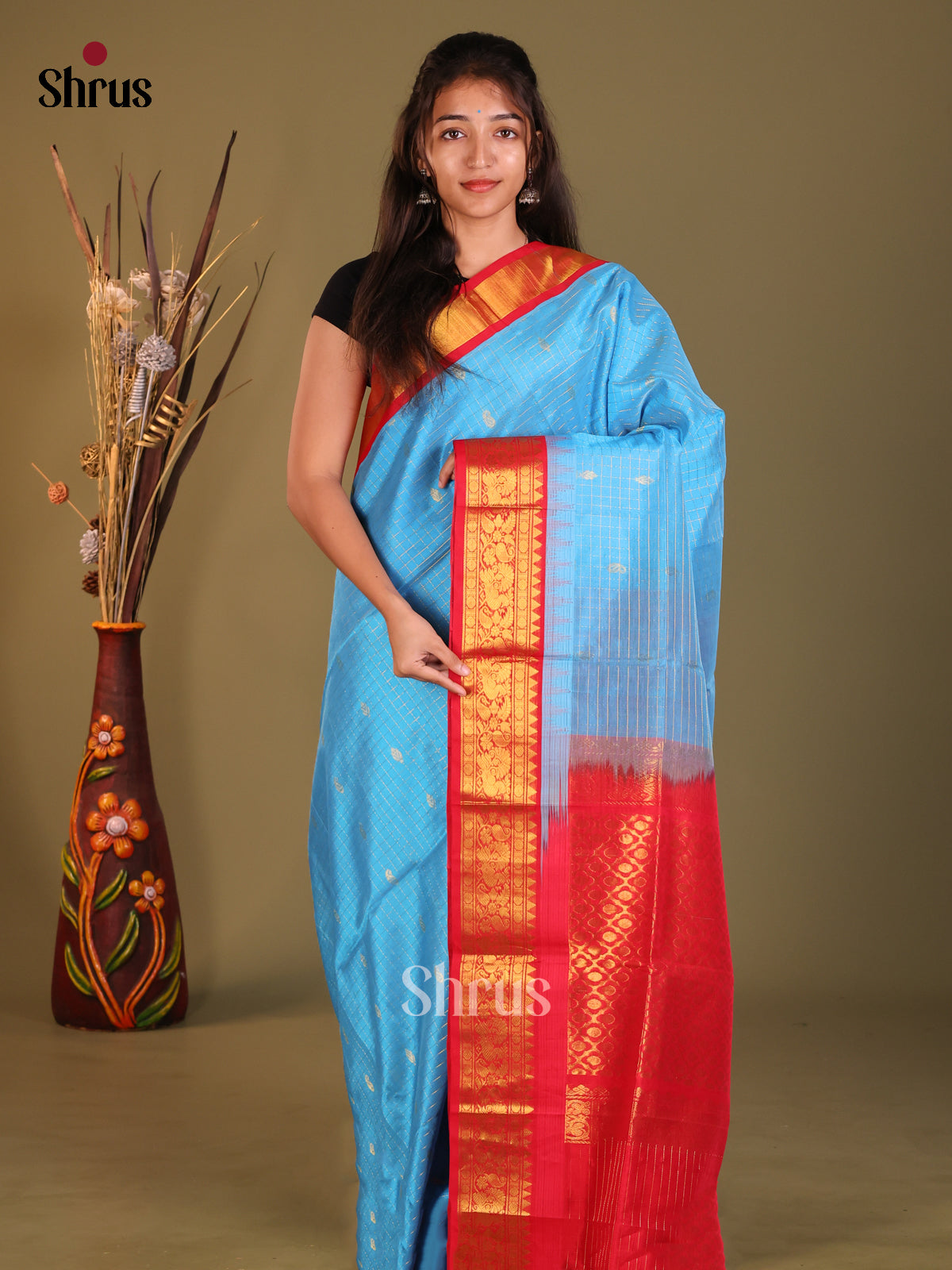 Blue & Red Silk Cotton Korvai-kattams Saree