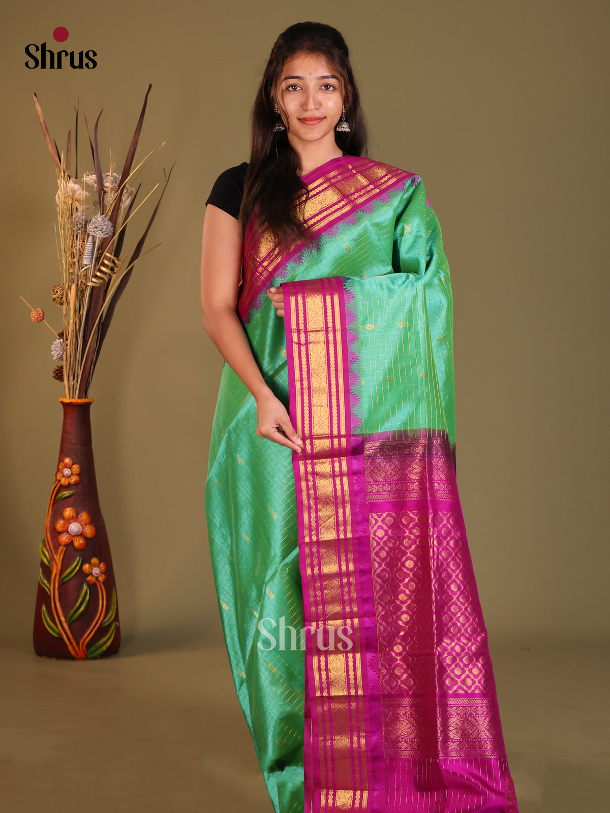 Green & Pink Silk Cotton Korvai-kattams Saree