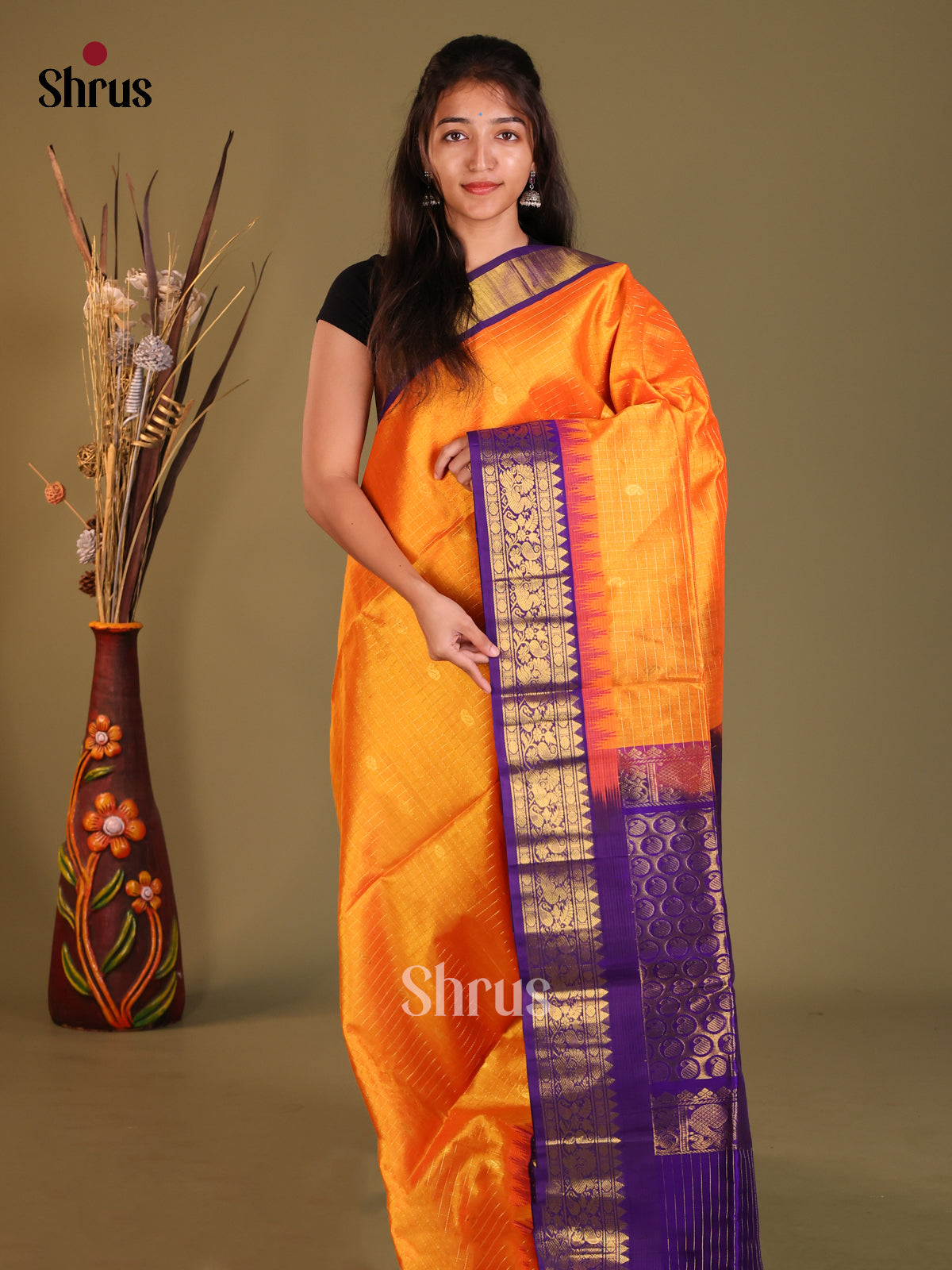 Orange & Blue Silk Cotton Korvai-kattams Saree