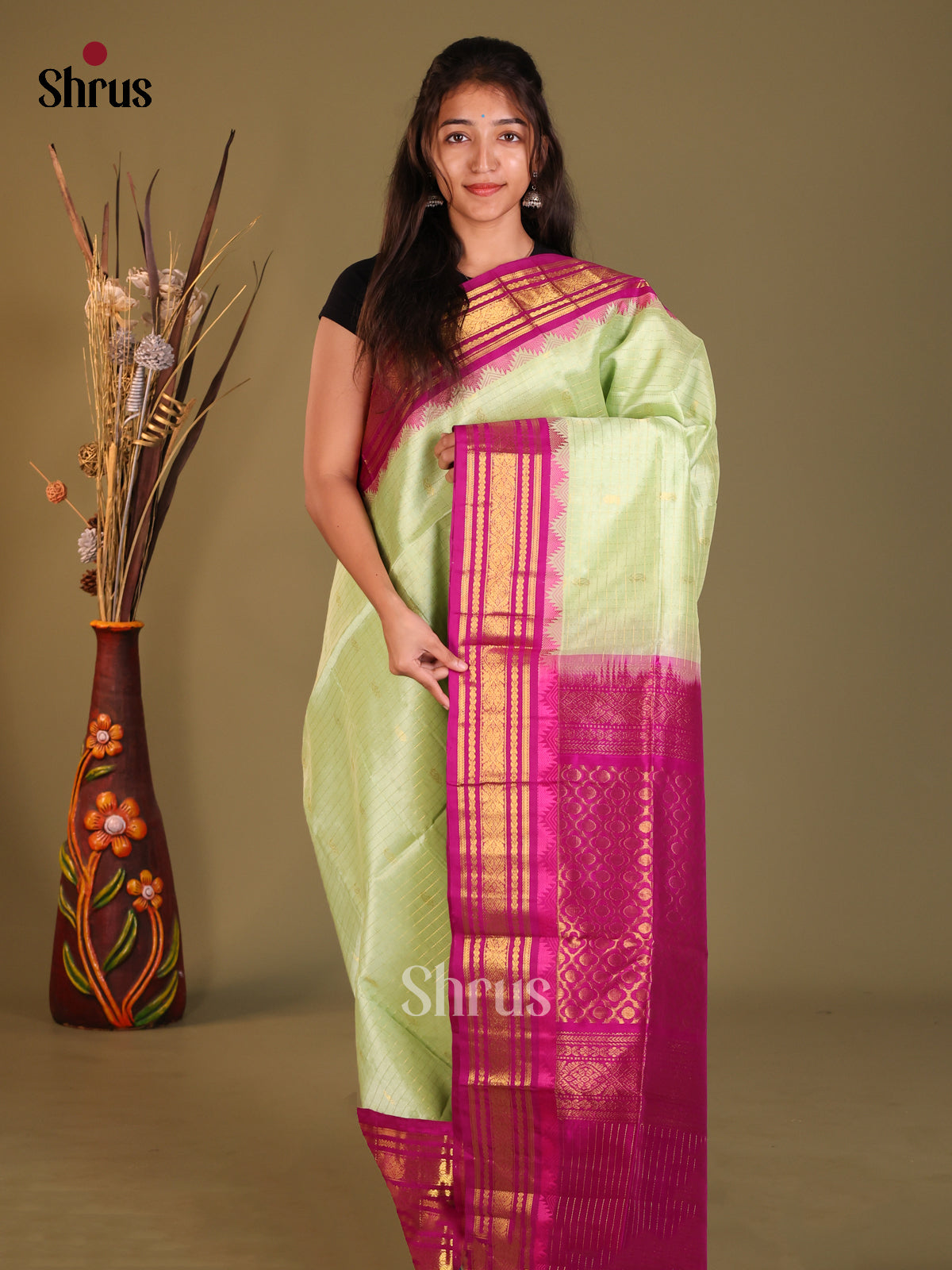 Pista Green & Pink Silk Cotton Korvai-kattams Saree