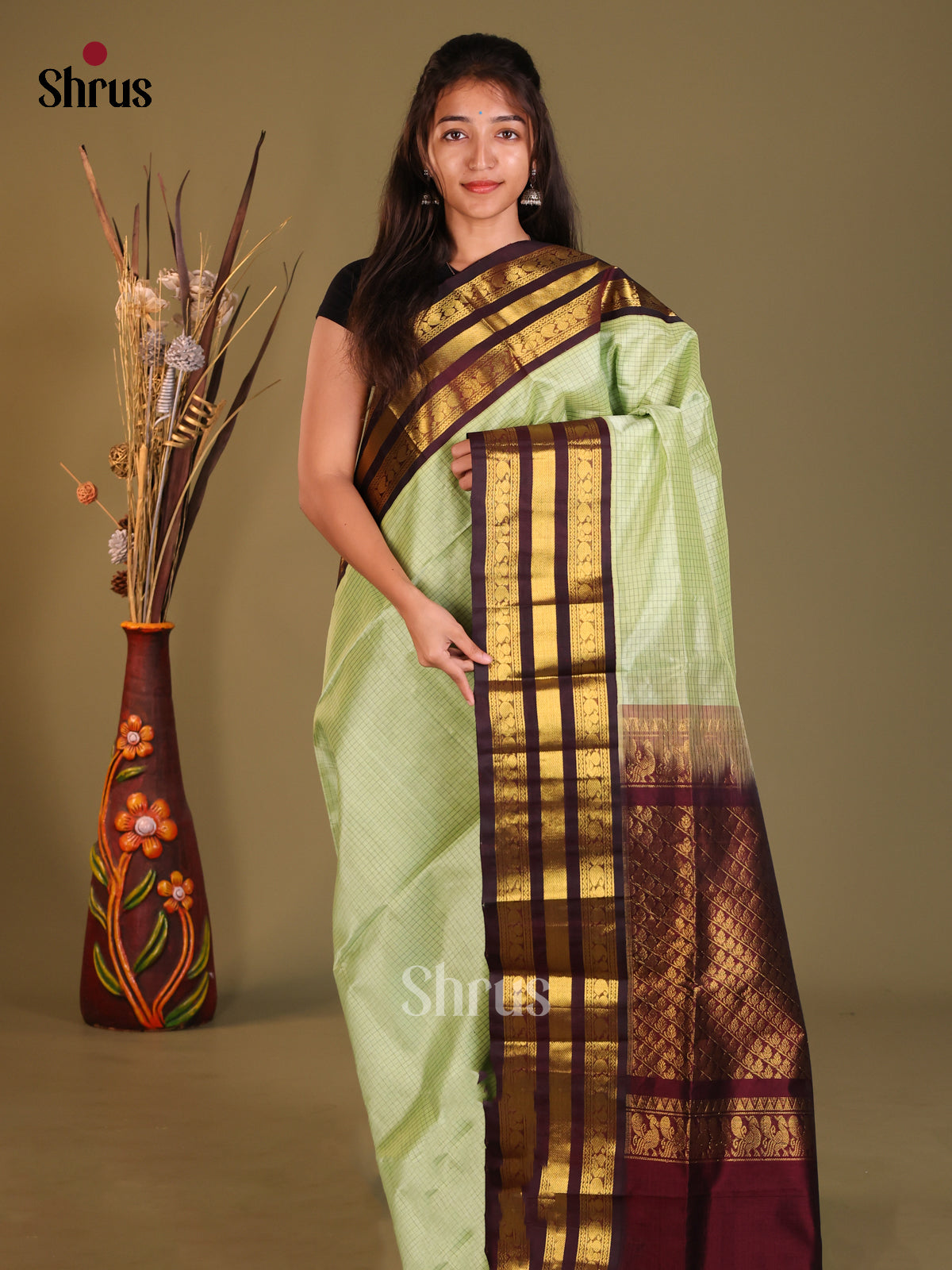 Pista Green & Brown Silk Cotton Korvai-kattams Saree