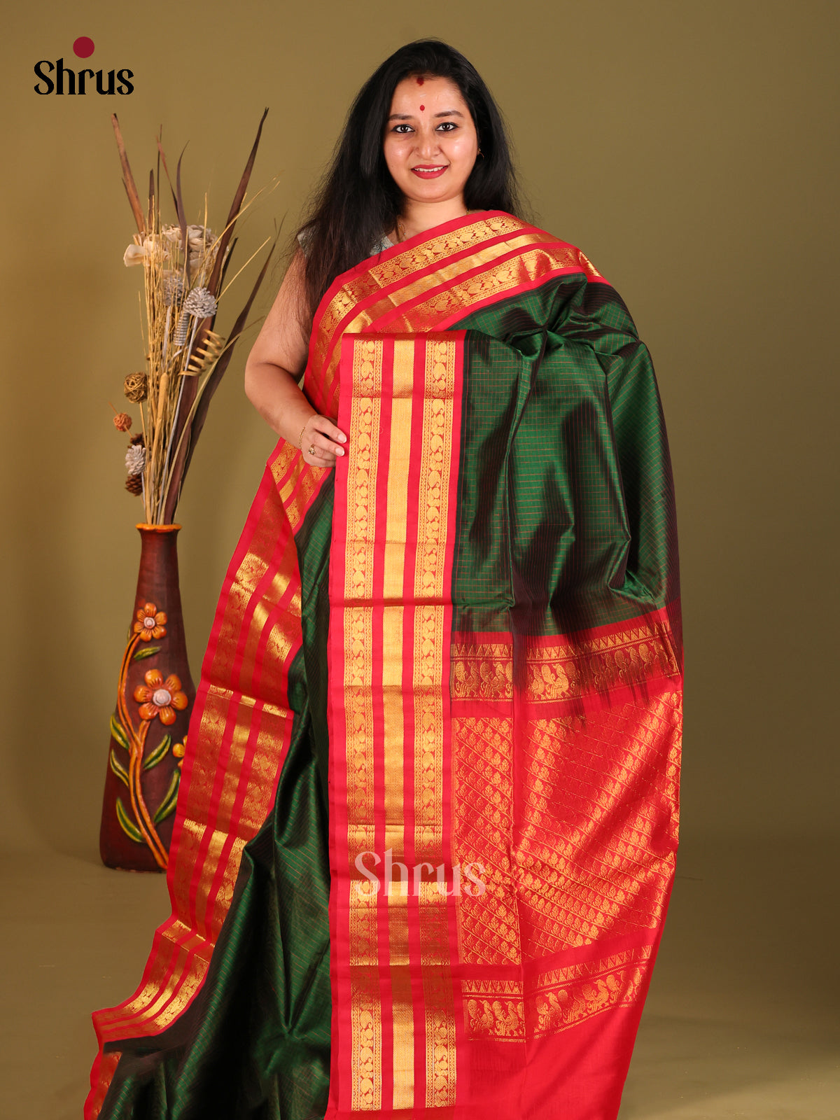 Green & Red Silk Cotton Korvai-kattams Saree - Shop on Shrus.com