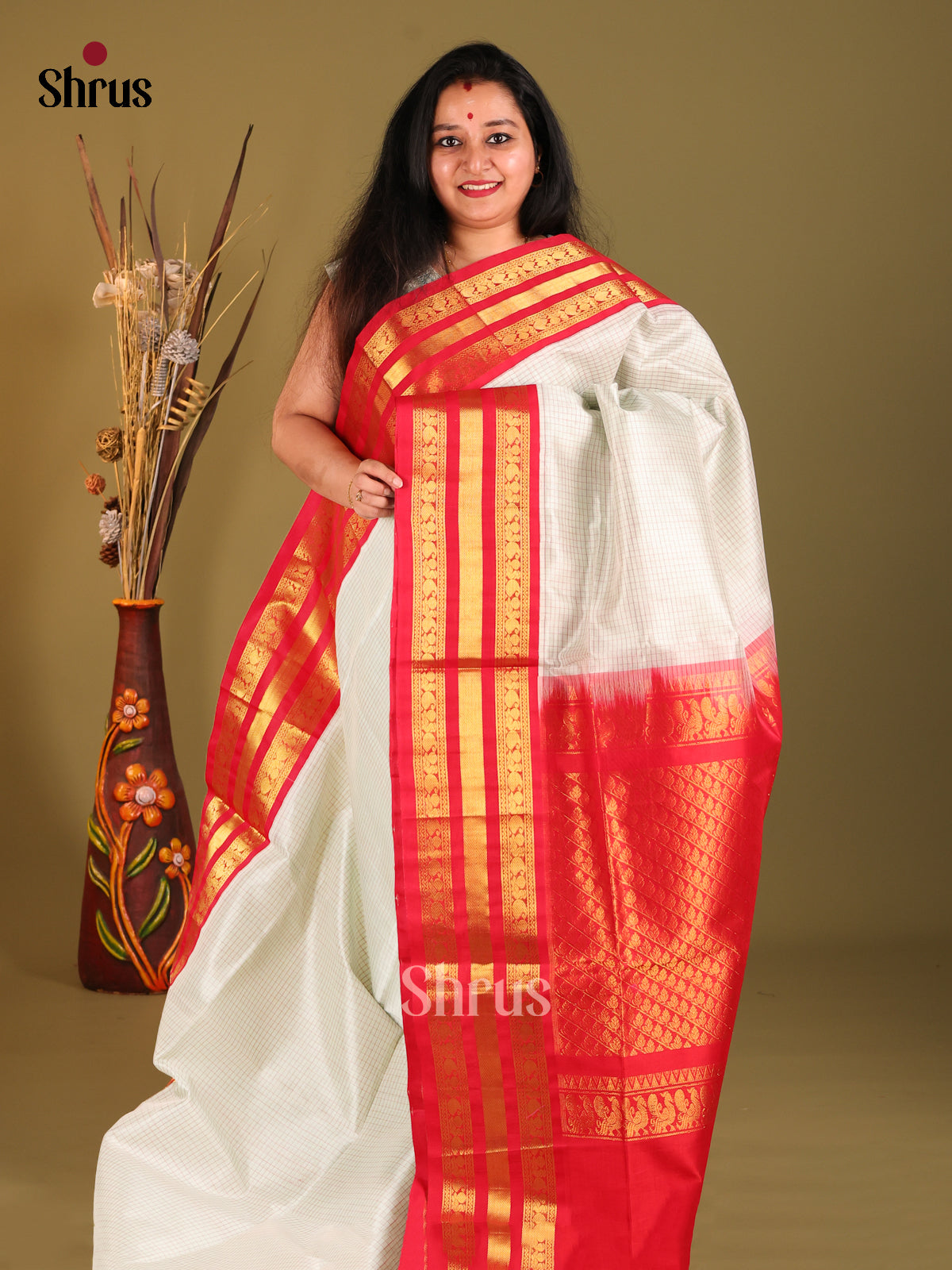 Cream & Red Silk Cotton Korvai-kattams Saree