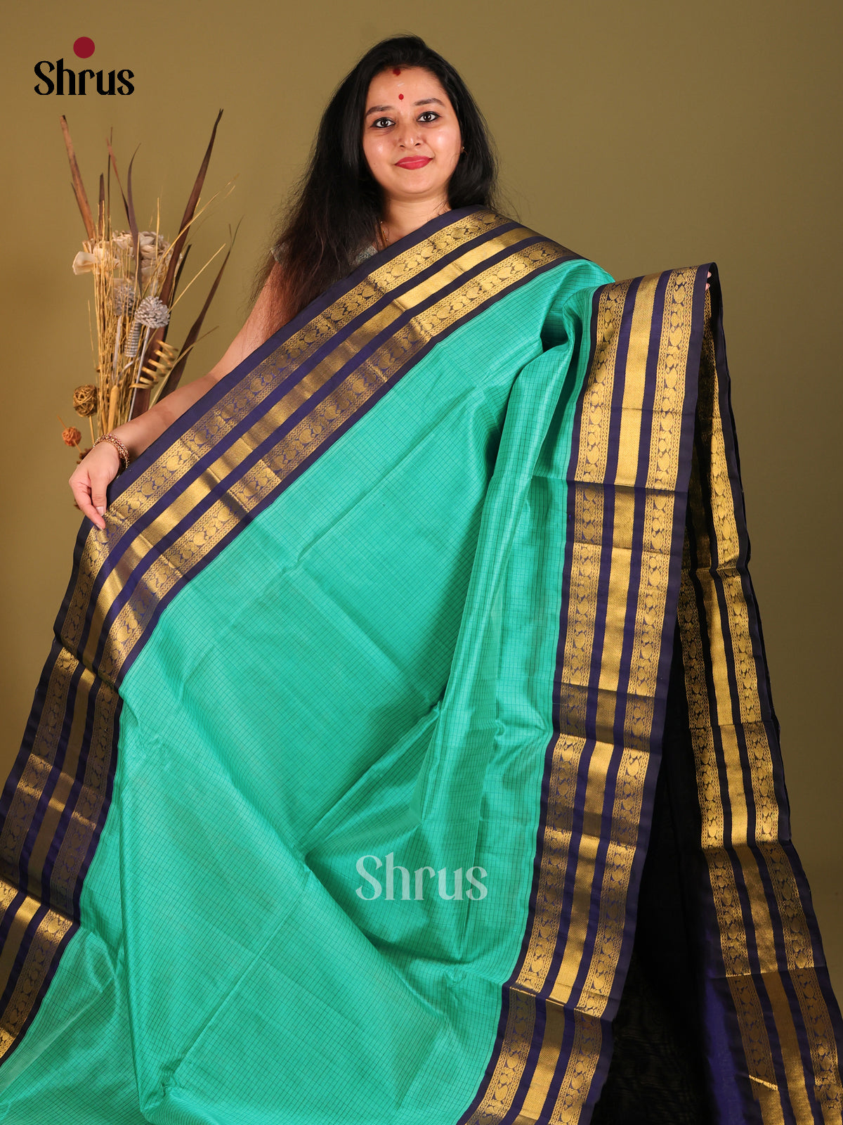 Green & Blue Silk Cotton Korvai-kattams Saree -1
