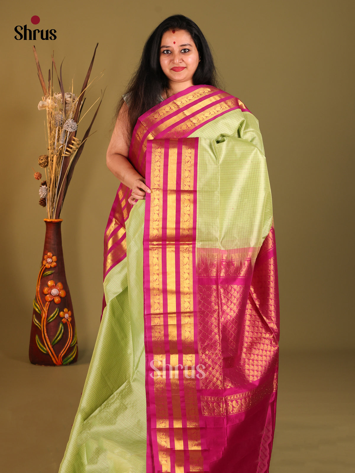 Green & Pink Silk Cotton Korvai-kattams Saree