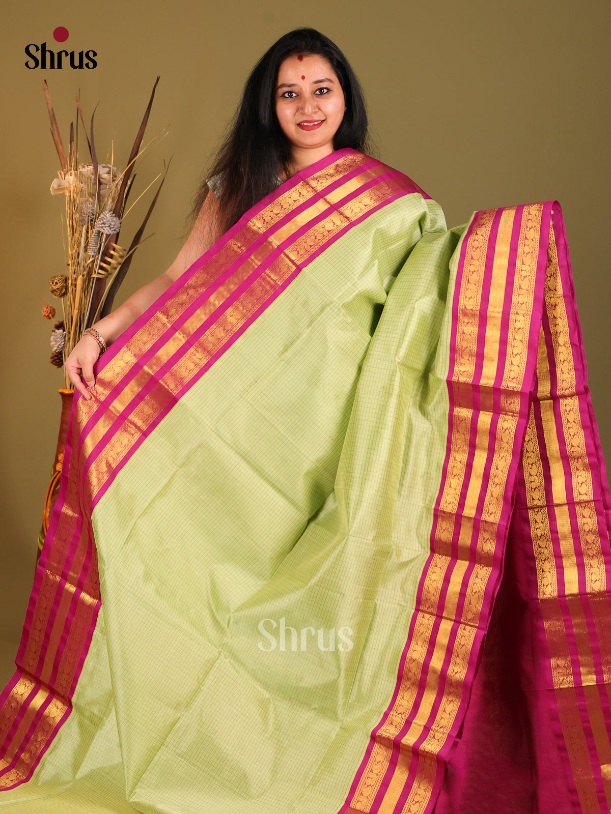 Green & Pink Silk Cotton Korvai-kattams Saree -1