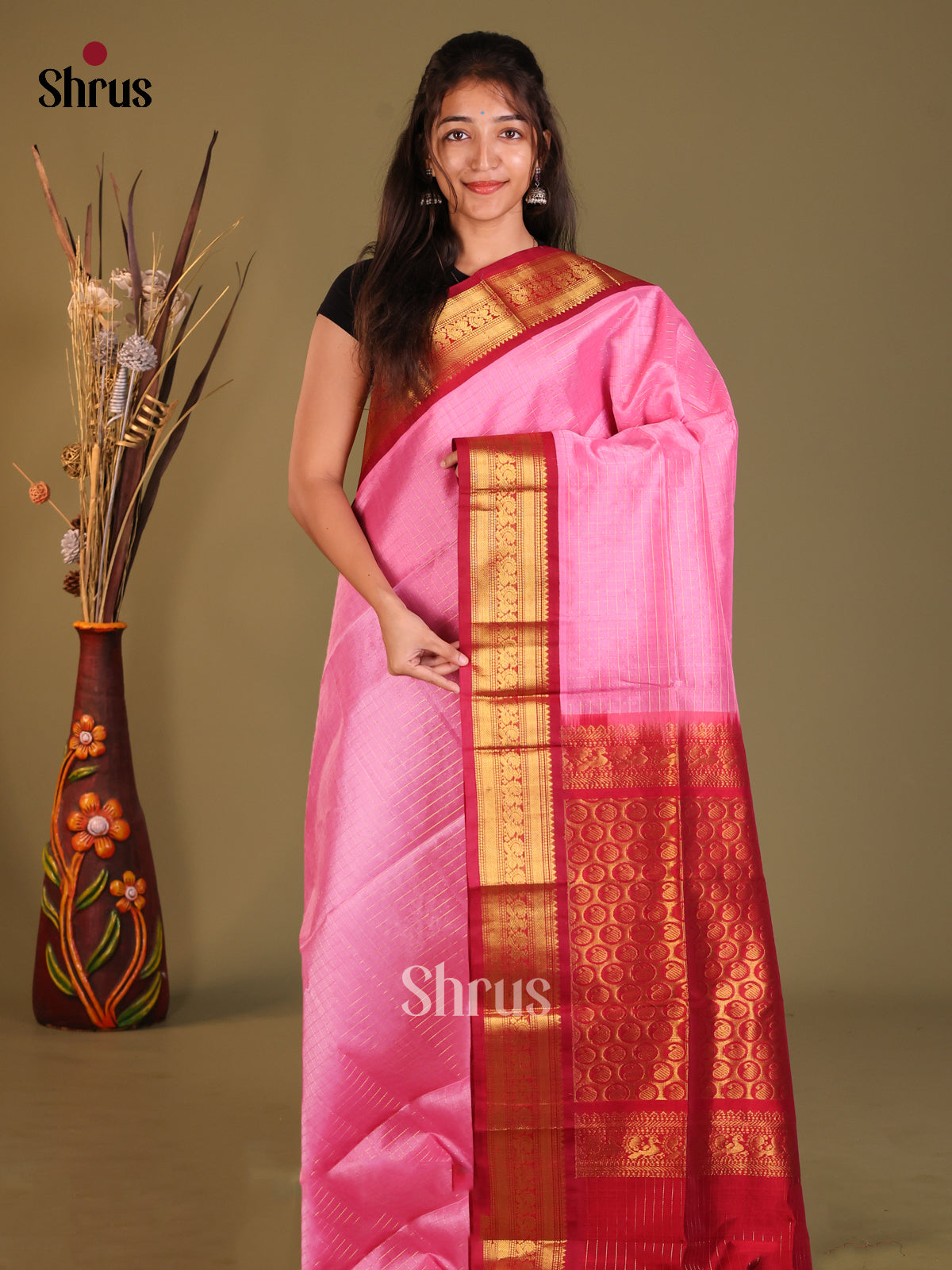 Pink & Red Silk Cotton Korvai-kattams Saree