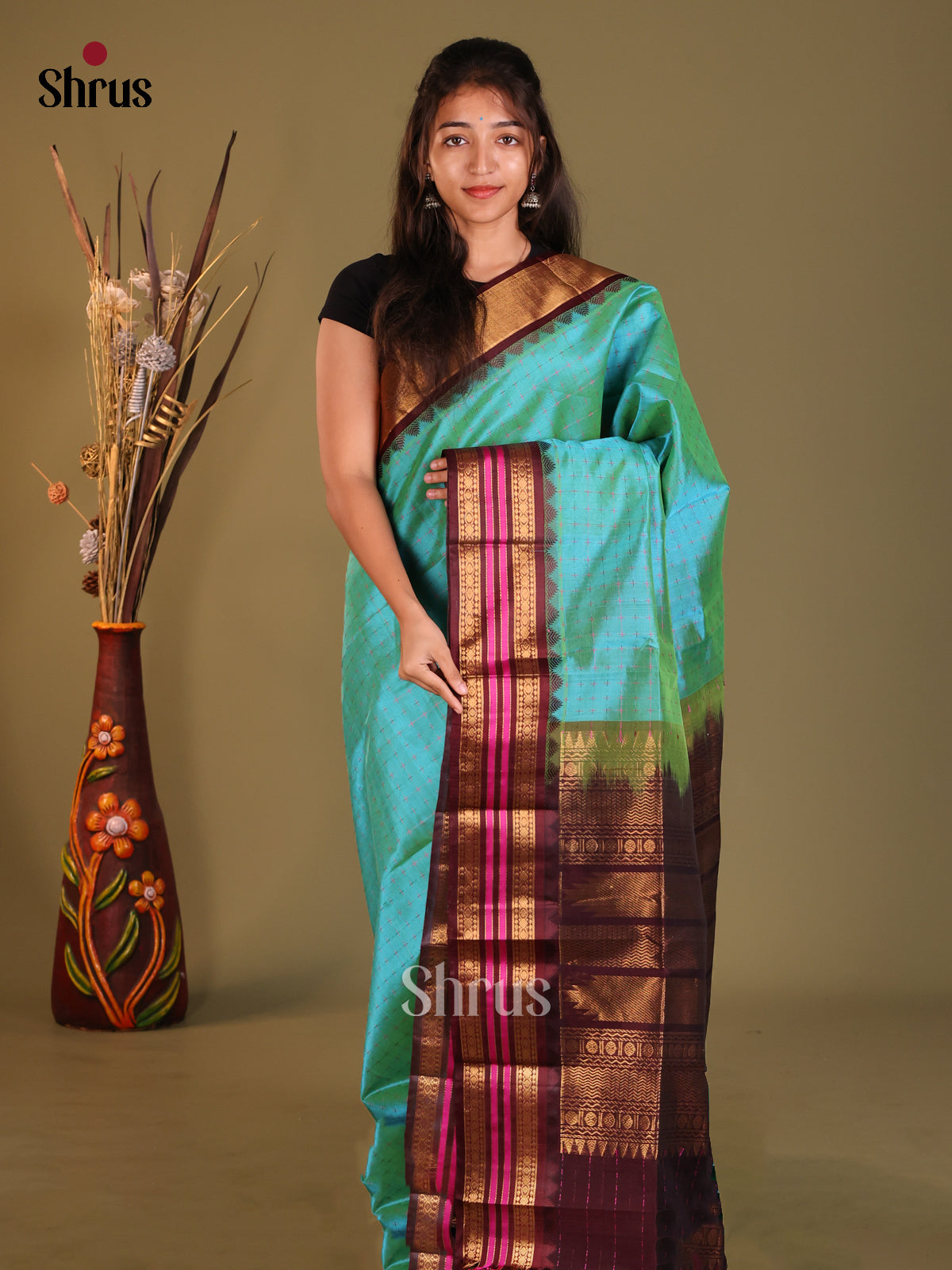 Blue & Brown Silk Cotton Korvai-kattams Saree