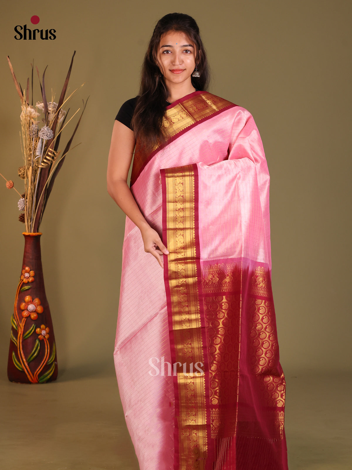 Pink & Maroon Silk Cotton Korvai-kattams Saree - Shop on Shrus.com