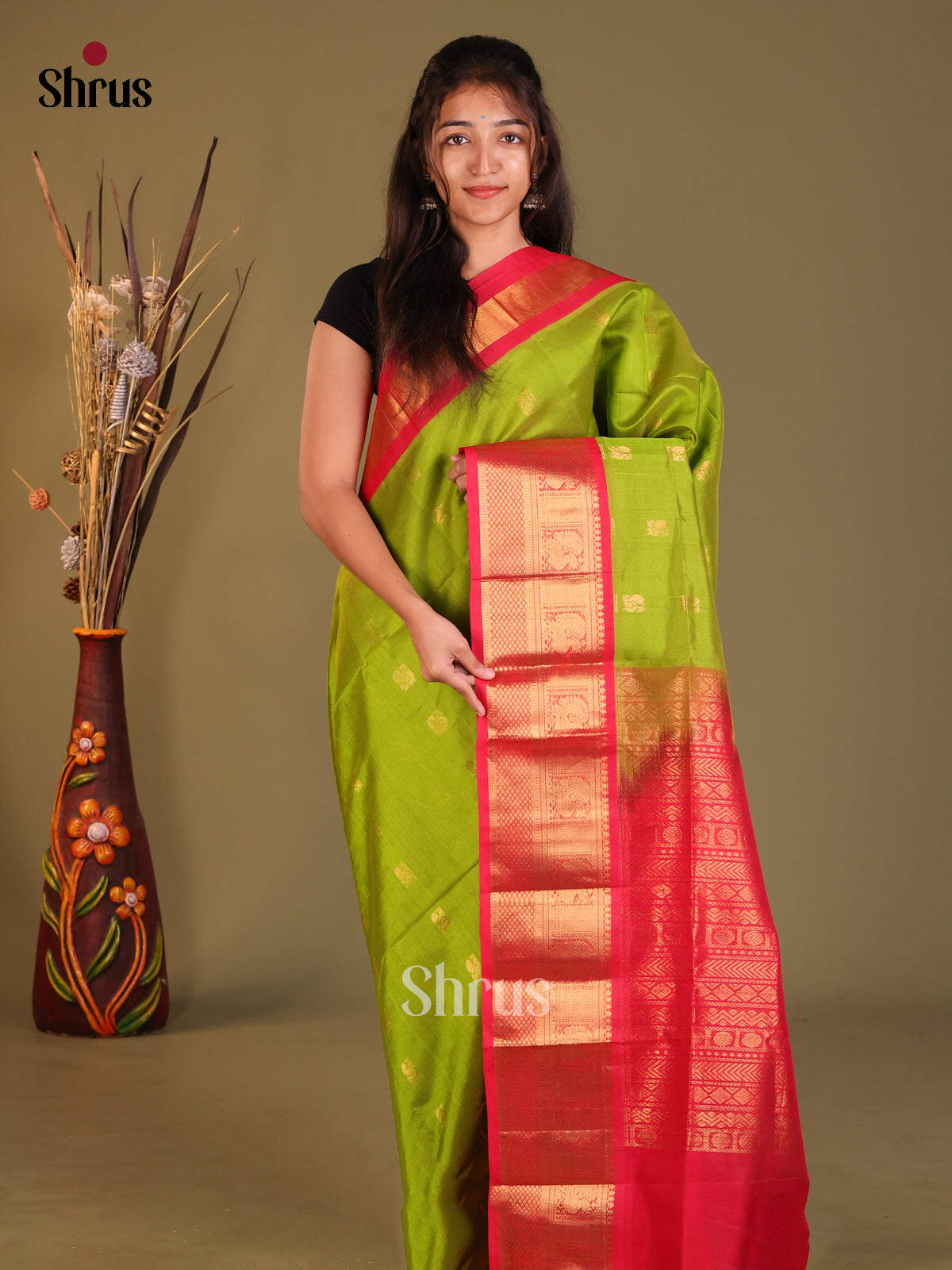 Parrot Green & Red Silk Cotton Korvai-Big border Saree