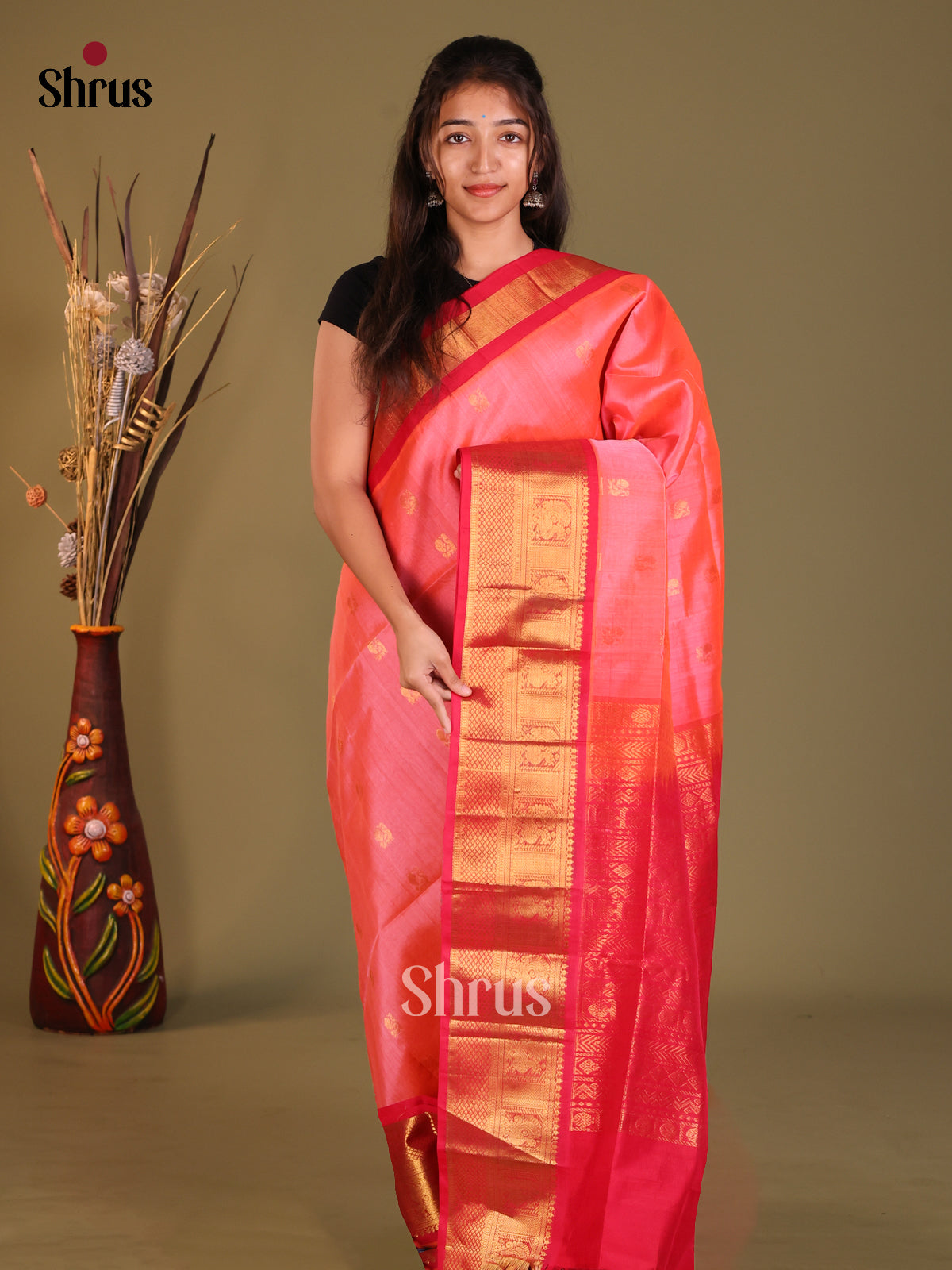 Pink & Red Silk Cotton Korvai-Big border Saree