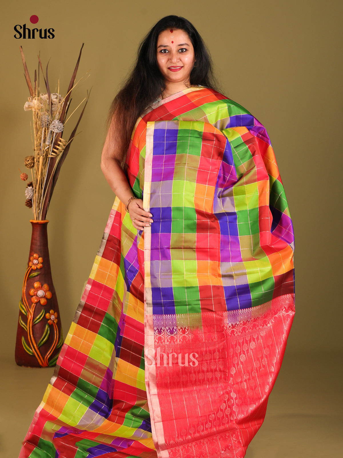 Multicolor & Red Soft Silk with kattam pattern , zari checks - Shop on Shrus.com