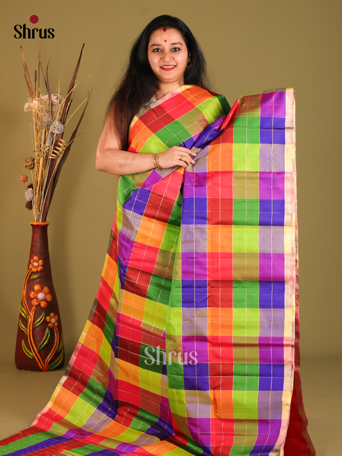 Multicolor & Red Soft Silk with kattam pattern , zari checks - Shop on Shrus.com