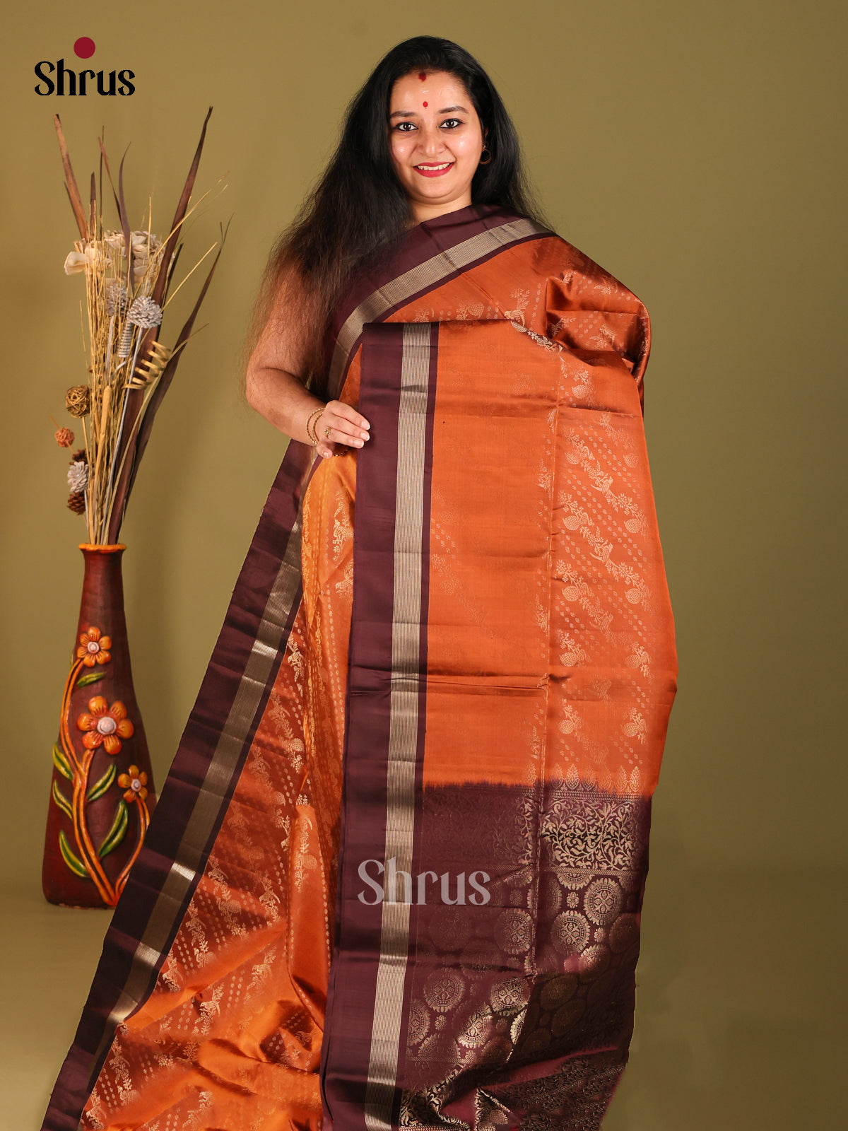 Rust & Brown Soft Silk Saree with diagonal stripes - Shop on Shrus.com