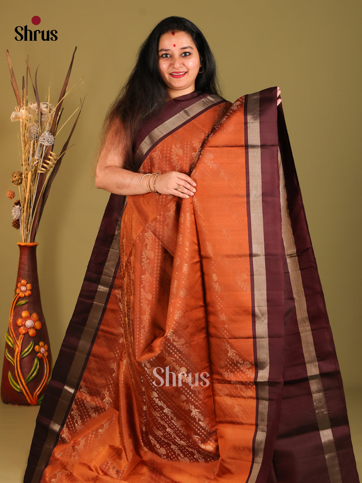 Rust & Brown Soft Silk Saree with diagonal stripes - Shop on Shrus.com