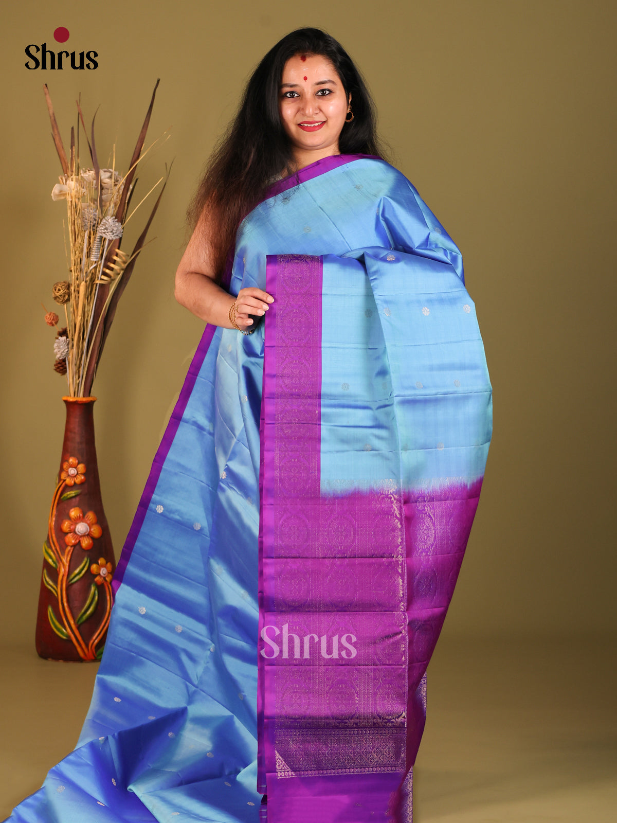 Blue & Violet Soft Silk Saree with zari buttas & Contrast Border