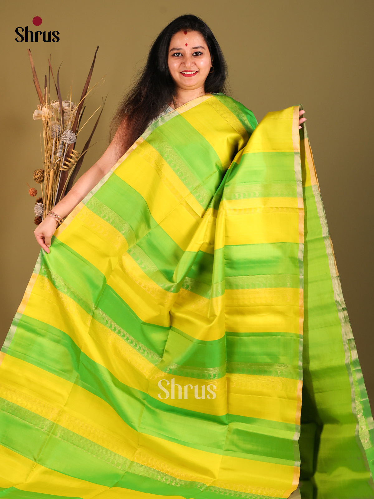 Radiant Yellow & Green Striped Soft Silk Saree with zari Brocade Pallu -1