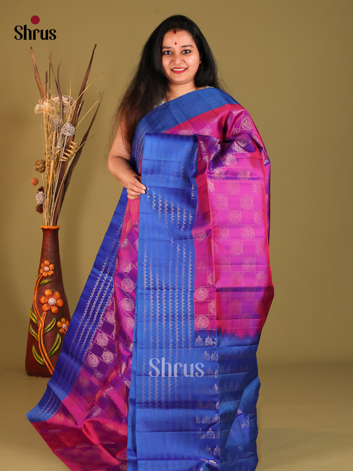 Purple & Blue Soft Silk with zari peacock motifs , checks - Shop on Shrus.com