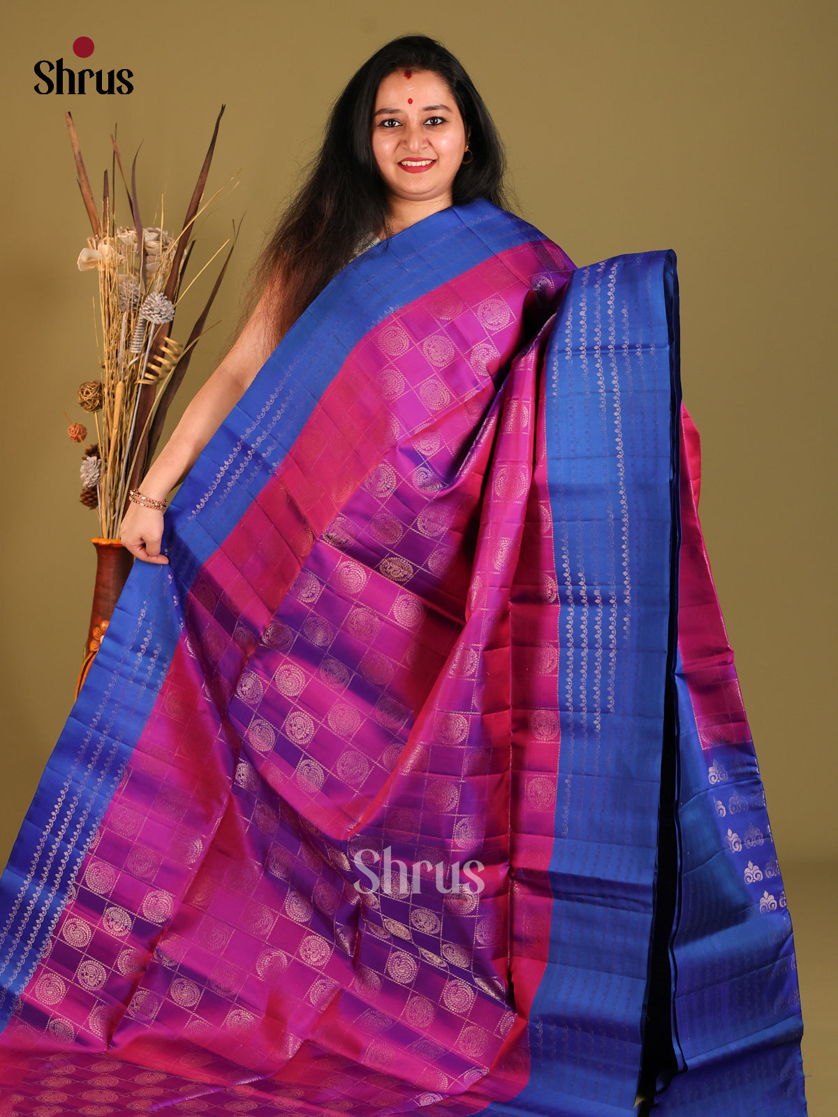 Purple & Blue Soft Silk with zari peacock motifs , checks - Shop on Shrus.com