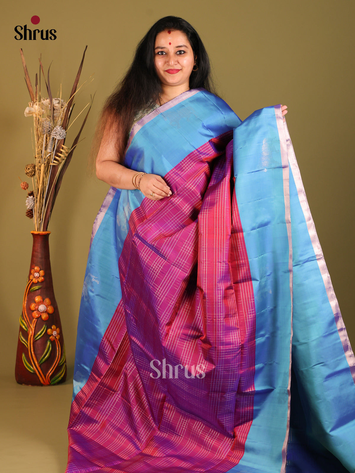Opulent Maroon Soft Silk saree with zari checks & Blue Brocade Pallu -1