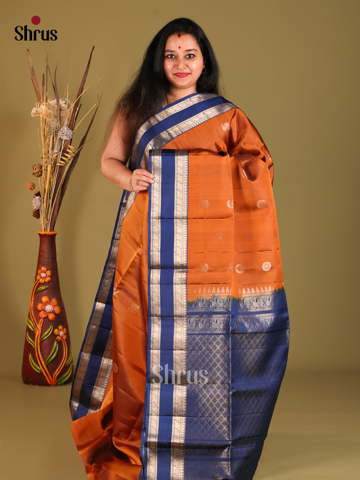 Rust & Blue Soft Silk Saree with contrast Zari border - Shop on Shrus.com