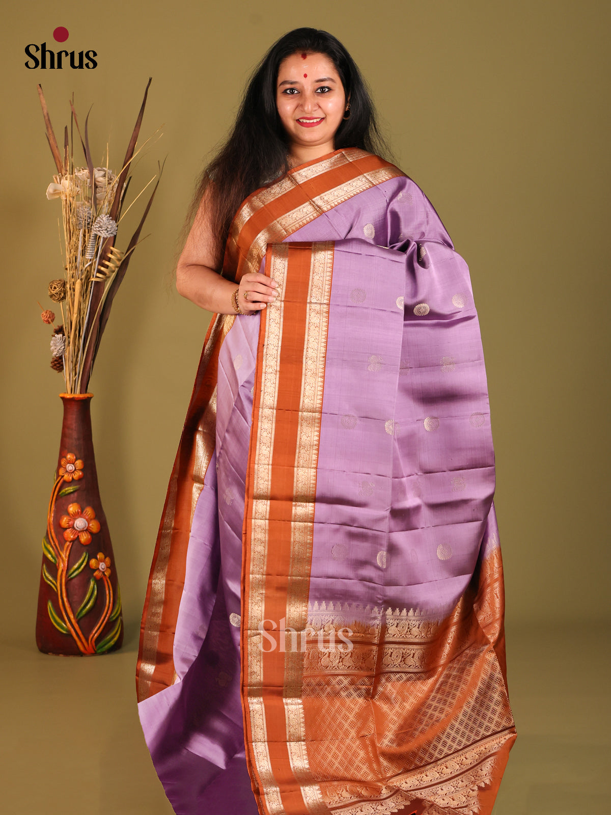 Lavender & Rust Soft Silk Saree with zari peacock , floral buttas - Shop on Shrus.com