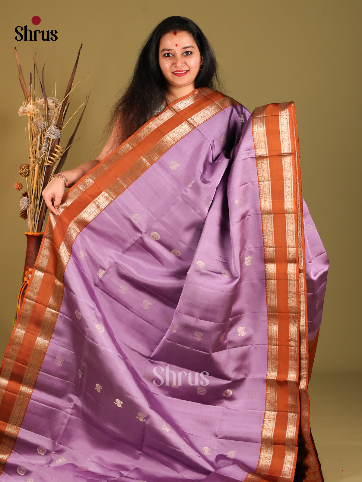 Lavender & Rust Soft Silk Saree with zari peacock , floral buttas - Shop on Shrus.com