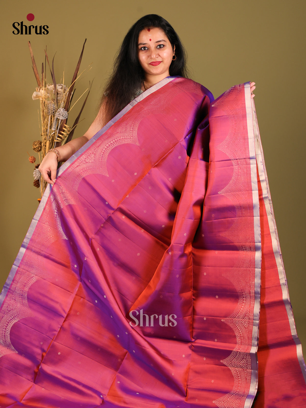 Timeless Maroon Soft Silk saree with Small Golden Buttas & arch zari border - Shop on Shrus.com