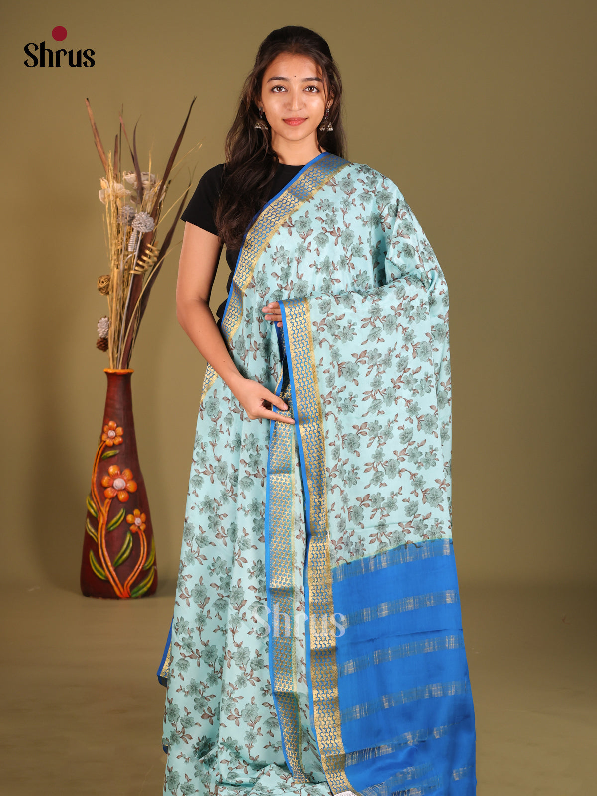 Pretty Light Blue Flower Printed Mysore Silk Saree With Blue Zari Pallu