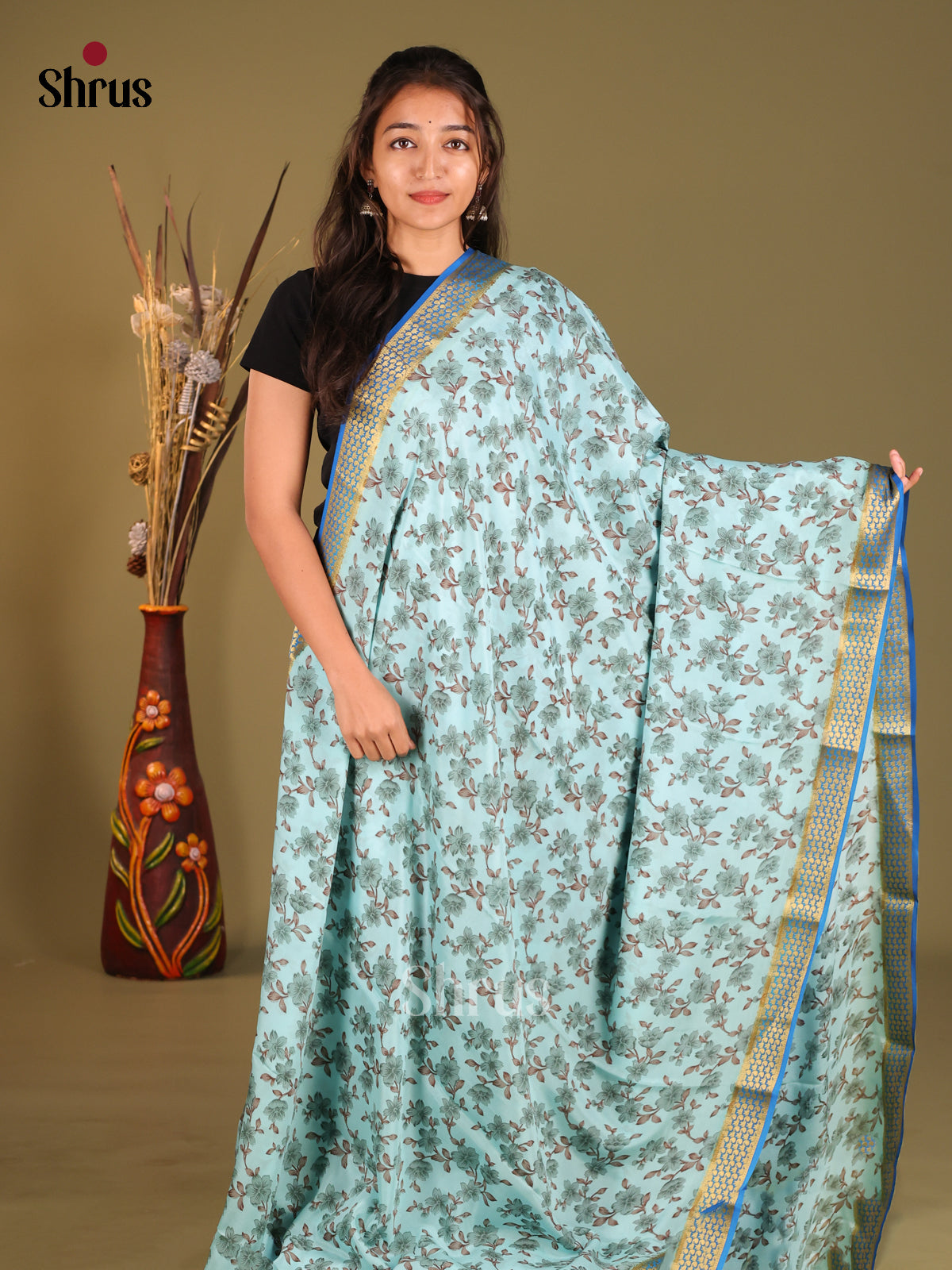 Pretty Light Blue Flower Printed Mysore Silk Saree With Blue Zari Pallu