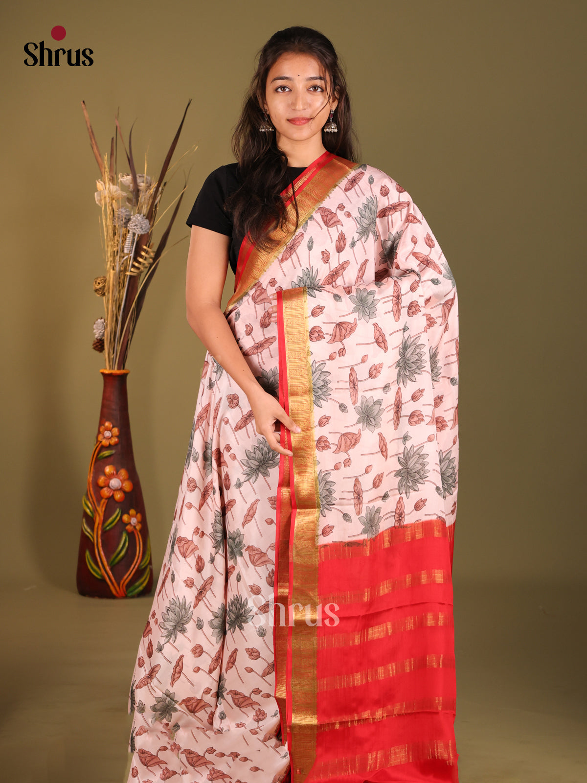 Charming Pink Floral Printed Mysore Silk Saree with Red Zari Border