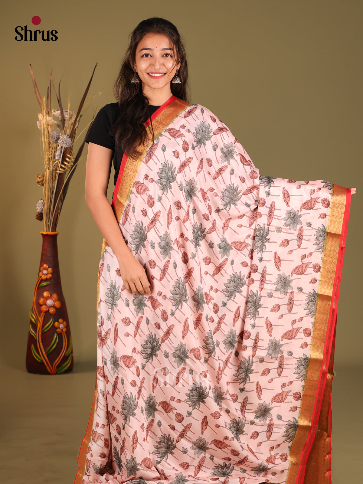 Charming Pink Floral Printed Mysore Silk Saree with Red Zari Border