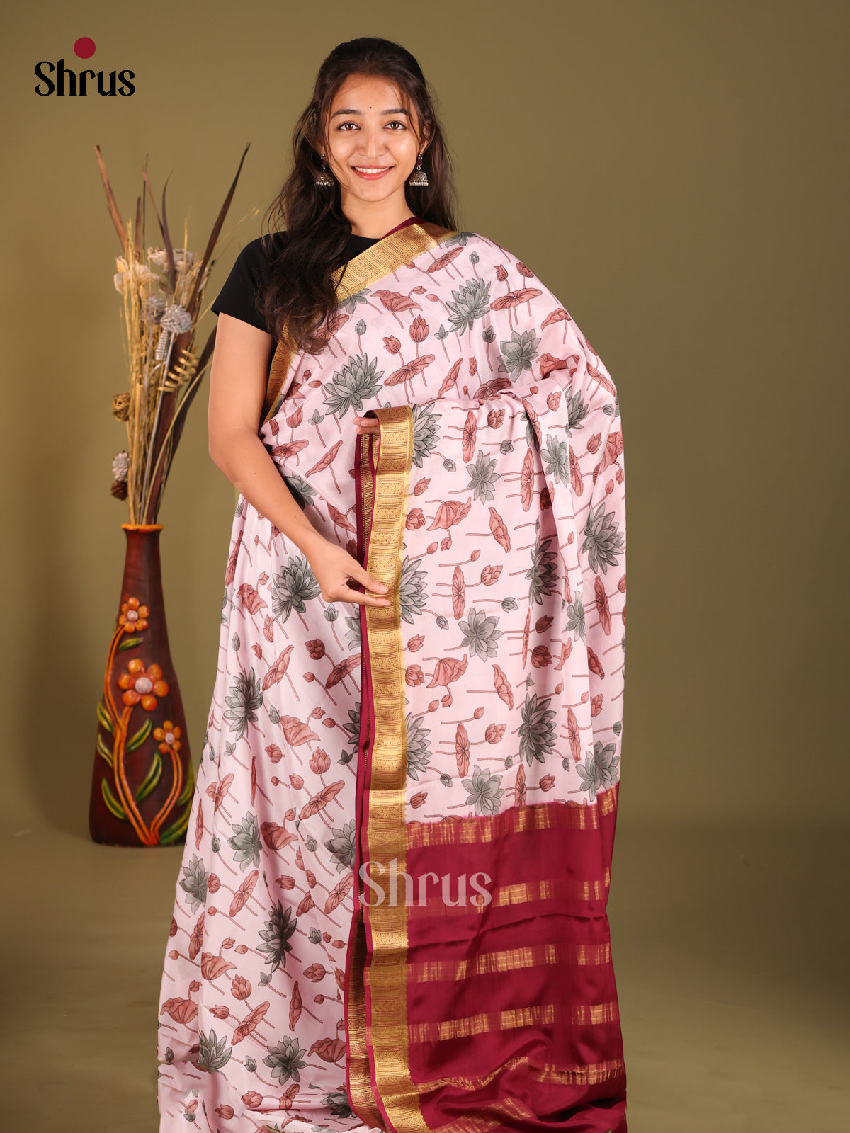 Lustrous Pink Floral Printed Mysore Silk Saree With Maroon Border