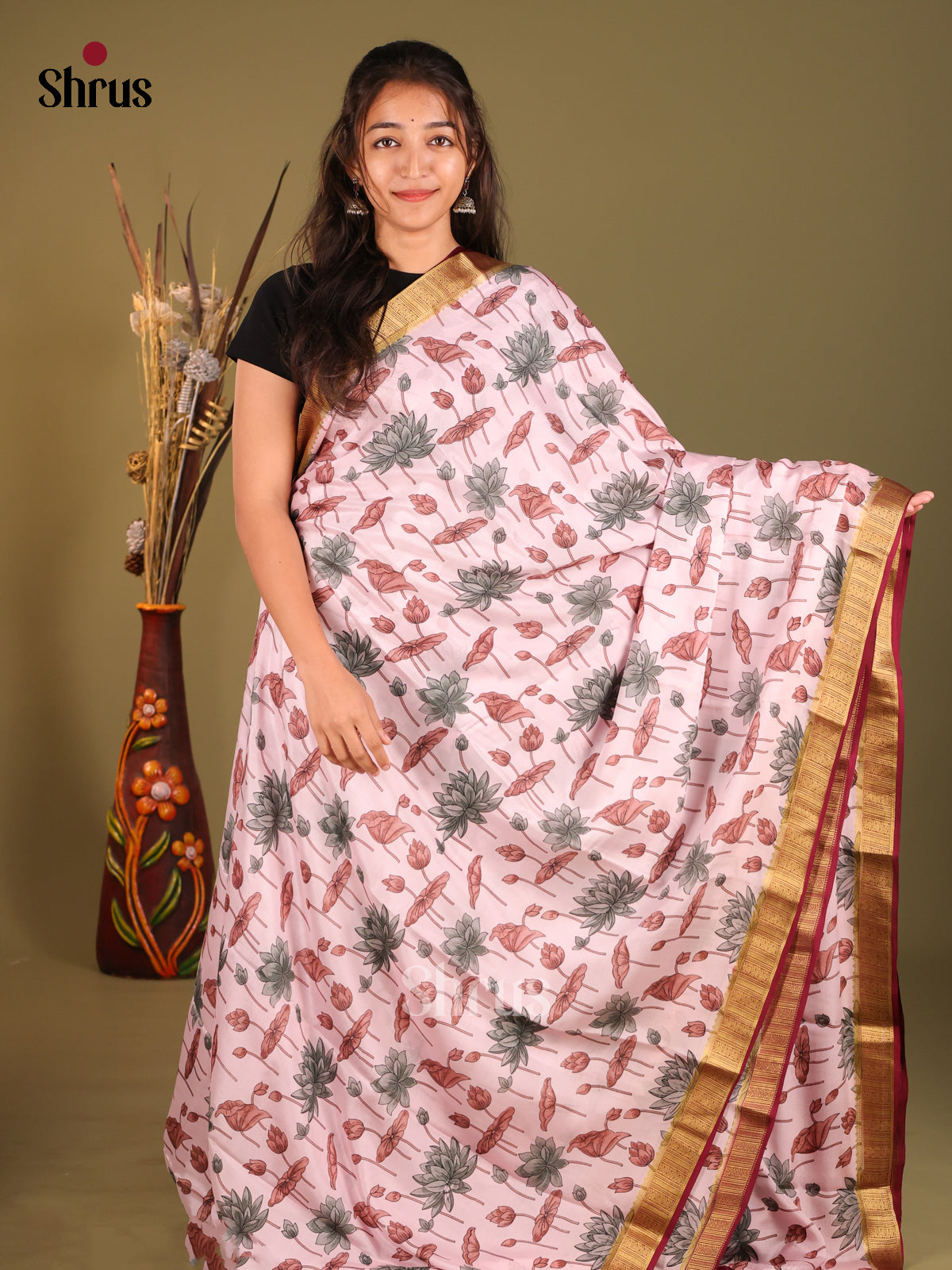 Lustrous Pink Floral Printed Mysore Silk Saree With Maroon Border