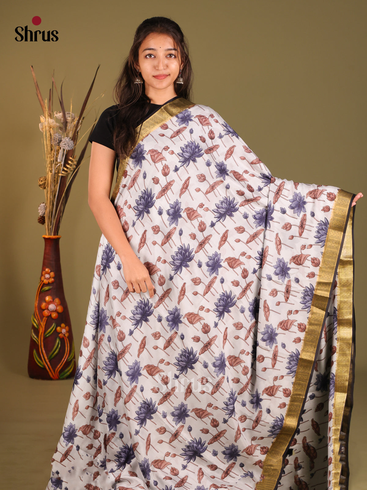 Captivating Light Blue Printed Mysore Silk Saree With Black Zari Border